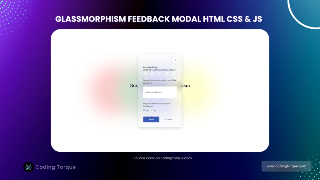 glassmorphism feedback modal using javascript with source code