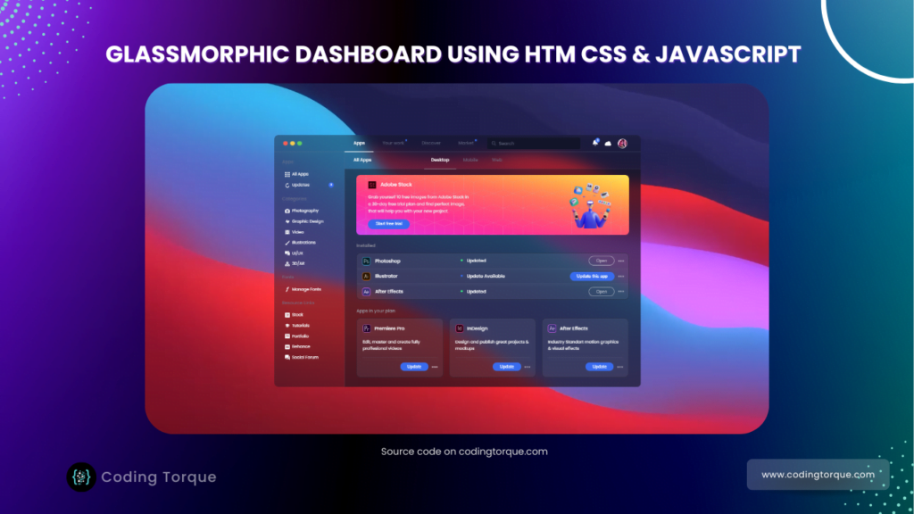 glassmorphic dashboard using javascript with source code