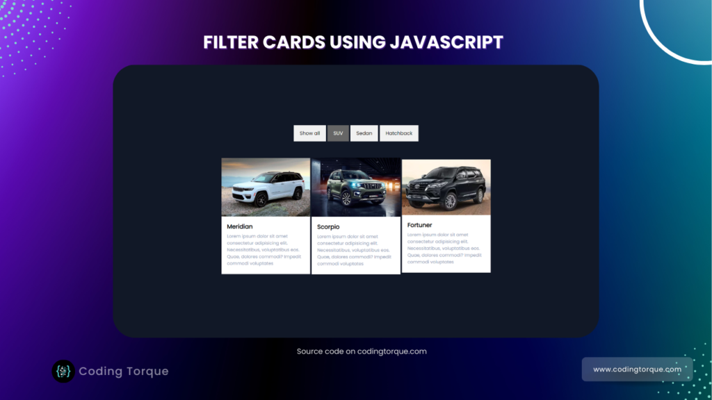 filter cards using javascript with source code