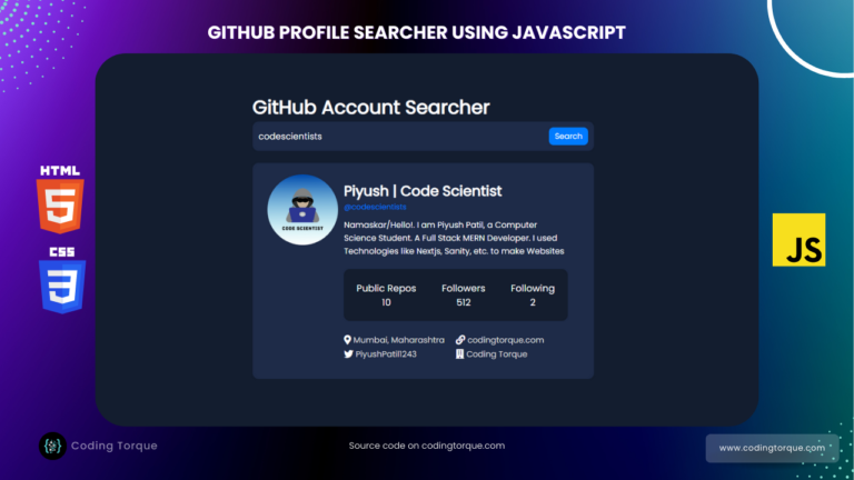 github profile search app using javascript with source code