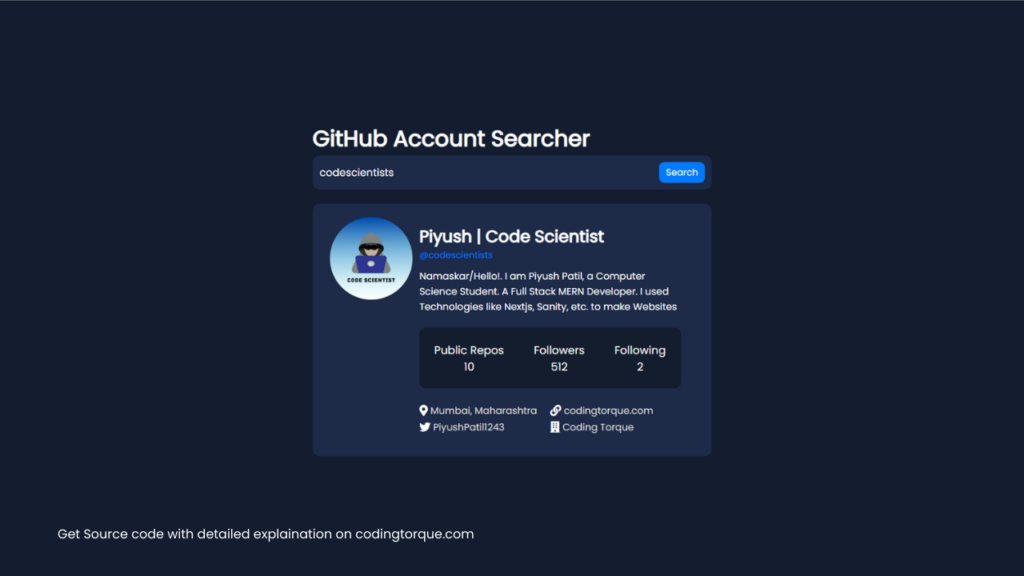 github profile searcher using javascript with source code