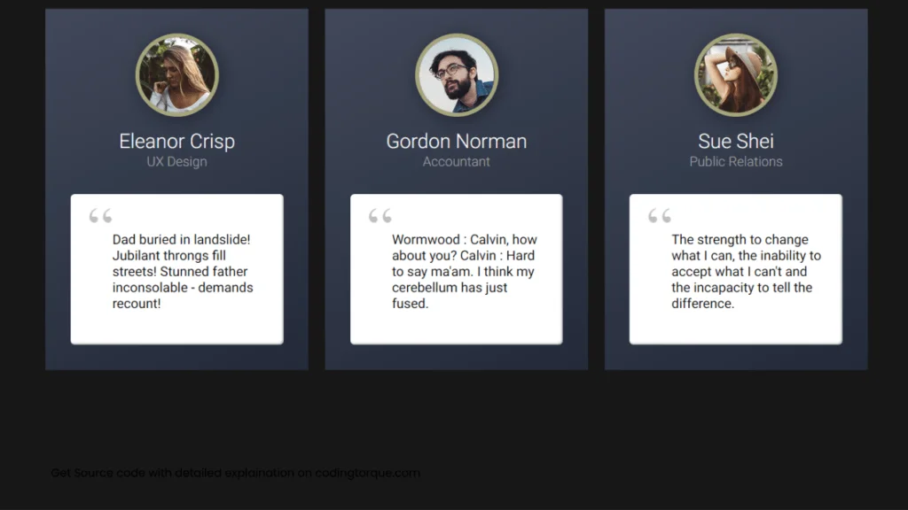 testimonial cards using HTML and CSS with source code