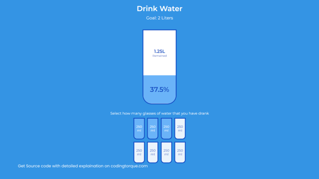 Daily Water Drinking Goal Tracker using HTML, CSS and JavaScript with Source Code