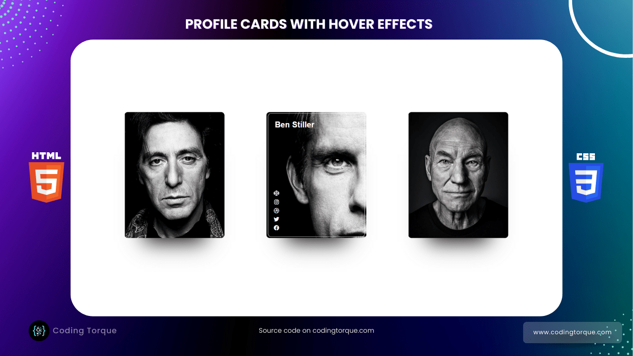 profile cards with hover effect using html and css